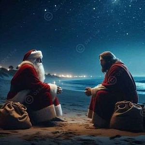 Santa And Jesus On The Beach