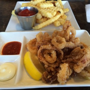 Appetizers for lunch - calamari karaage and French fries