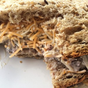 Leftover steak and cheese sandwich