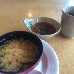 Miso soup, tempura sauce and green tea