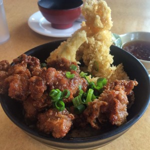 Shrimp & veggie tempura and Korean Chicken donburi
