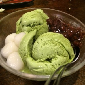Green tea ice cream with azuki beans and mochi balls