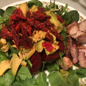 Salad and smoked pork belly