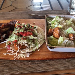 Caesar salad, fish taco and ribs
