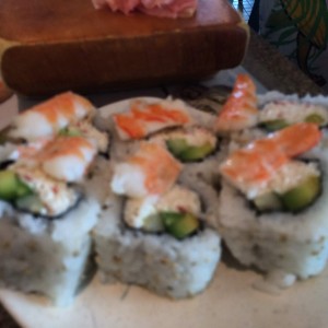 California roll topped with shrimp