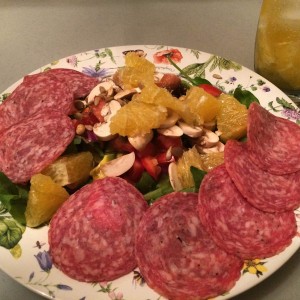 My salad with salami, sausage and orange.  And orange sparkling water.