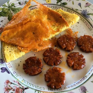 Cheese & garlic omelette, fried cheese and Portuguese sausage