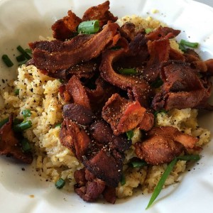 Garlic fried rice with bacon and eggs