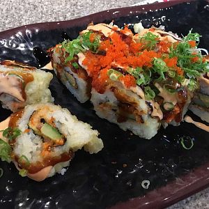 Spicy tuna roll, deep fried tempura style.  Topped with tobiko (flying fish roe)